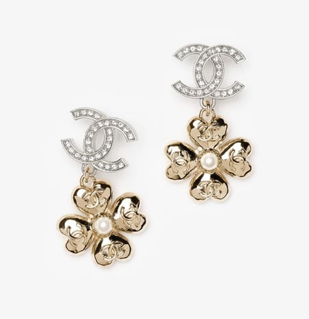 CHANEL GOLD PEARLY CRYSTAL PENDANT EARRINGS