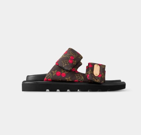 2025 LV brown flat shoes cherry حذاء لويس فيتون سليبر بني بطبعات الكرز