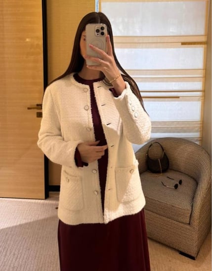 2025 Chanel White Tweed Long Jacket جاكيت شانيل تويد أبيض طويل