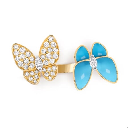 Van Cleef Two Butterfly Between the finger Ring Gold turquoise