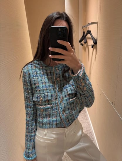 2025 سترة شانيل جاكيت تويد أخضر فيروزي