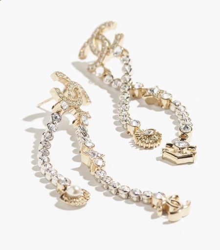 CHANEL Glass Pearls Strass Silver Gold PENDANT EARRINGS