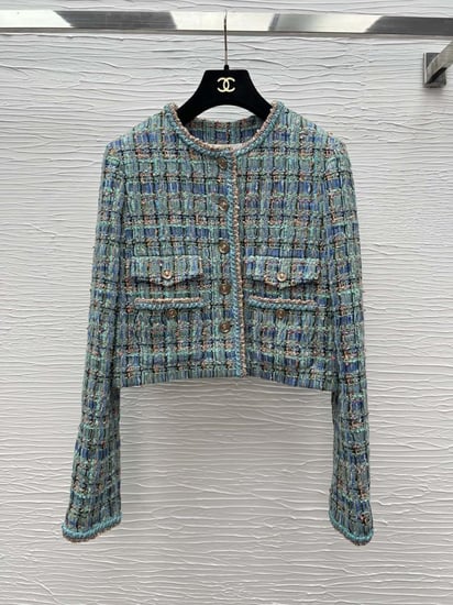 2025 سترة شانيل جاكيت تويد أخضر فيروزي