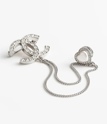 2024 شانيل بروش سلسال فضي طويل بدلاية فاخرة معدن ستراس منتهي بلؤلؤة على شكل قلب المرصعه بالكريستالات الفاخرة