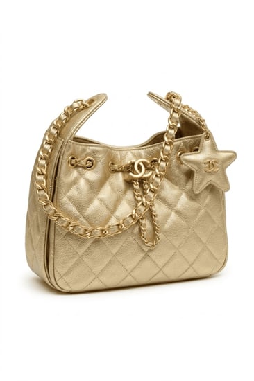 شنطة شانيل هوبو جلد فاخر بتعليقة نجمة ولوجو CC ذهبي