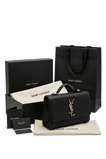 حقيبة يد سان لوران YSL جلد أسود مبطن مع شعار ذهبي