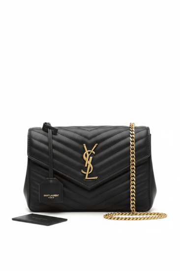 شنطة سان لوران لو لو سوداء جلد مبطن مع شعار YSL ذهبي
