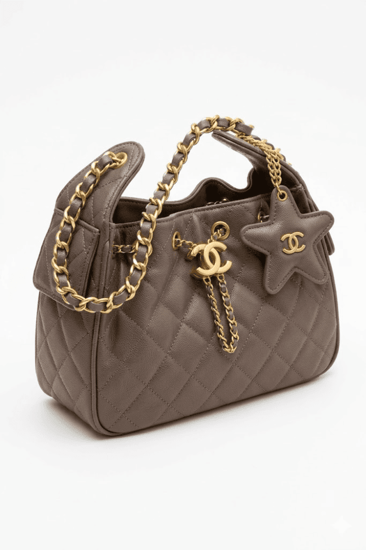 شنطة شانيل هوبو جلد فاخر بتعليقة نجمة ولوجو CC ذهبي