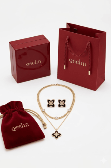 عقد وأقراط كيلين ذهب وألماس بتصميم زهرة اللوتس السوداء