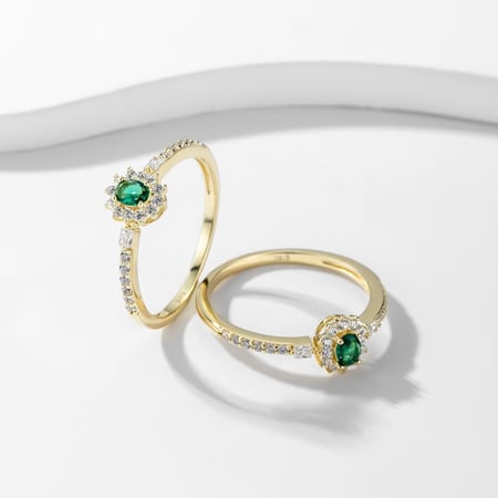 خاتم فضة فاخر مطلي بالذهب 18 قيراط أخضر مكعب من أحجار كريمة - لومي