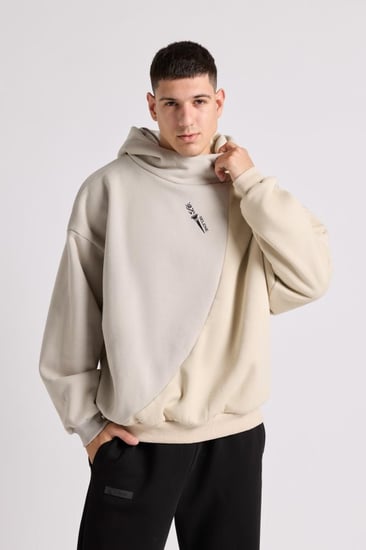 هودي بقصة واسعة ورقبة عالية بشعار سيلين للجنسين رمادي فاتح + أبيض