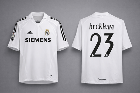 ريال مدريد كلاسيكي الأسطوري ديفيد بيكهام، والذي يحمل الرقم 23. هذا التصميم الكلاسيكي يعود لموسم 2005-2006، ويتميز بلونه