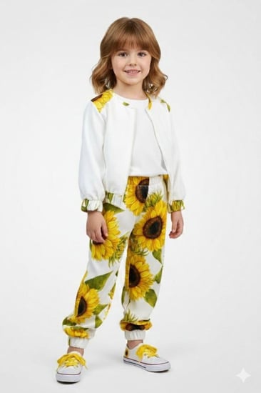 طقم بناتي بنقشة زهرة دوار الشمس – جاكيت أبيض أنيق مع بنطال مطبوع وبلوزة ناعمة | طقم أطفال صيفي مميز