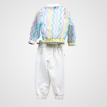طقم بناتي ثلاث قطع بألوان الباستيل – جاكيت شيفون موجي مع بنطال وبلوزة بيضاء | طقم أطفال فخم للمشاوير