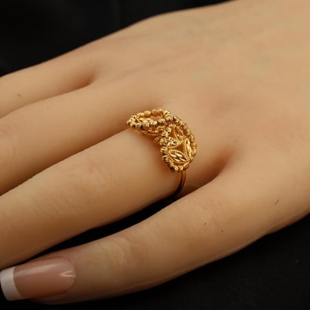 خاتم ذهب لازوردي بتصميم أوراق الشجر مقاس 16