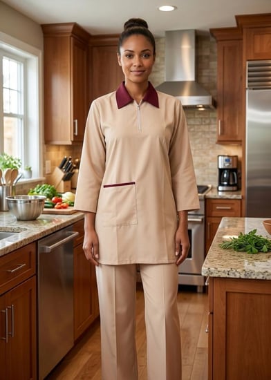 زي عامله بياقة ملونة أنيقه وجيب عملي وبنطلون واسع