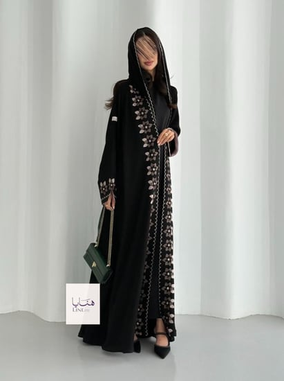 عباية ملاذ دبل كلوش بقماش انترنت تطريز وردي