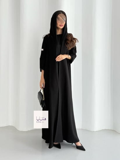 عباية لجين قماش كريب ملكي اسود بكلفه ناعمه