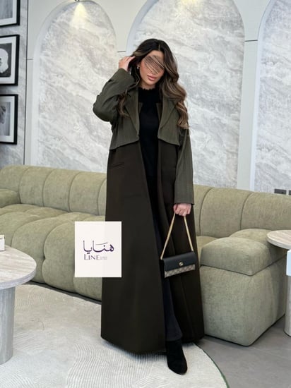 عباية هيلينا بقماش جوخ مع جاكيت مخمل استريتش متصل زيتي