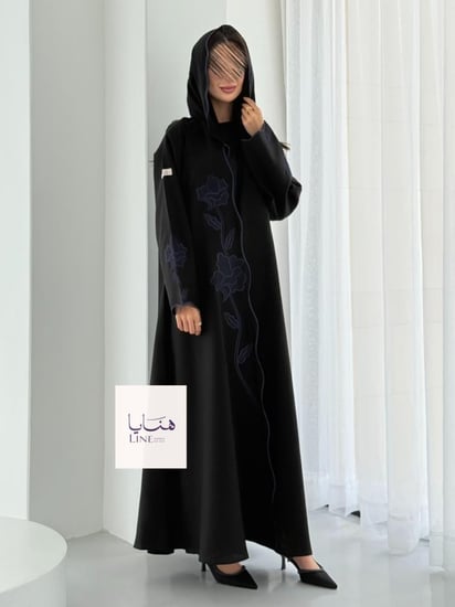 عباية الفارقه بقماش كريب كتان تطريز كحلي