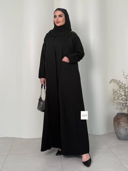 عباية شروق رسميه بقماش كتان مع كريب مقلم