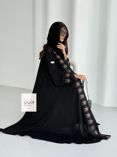 عباية ملاذ دبل كلوش بقماش انترنت تطريز موف