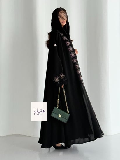 عباية ملاذ دبل كلوش بقماش انترنت تطريز موف