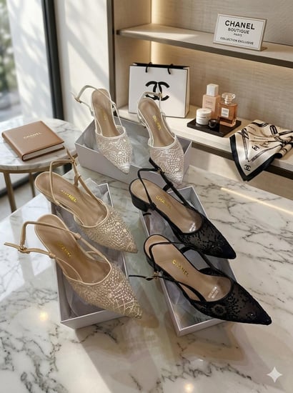 كعب شانيل نسائي شبكي مطرز بتصميم مدبب وحزام خلفي أنيق ماستر كوالتي