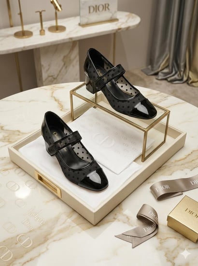 حذاء فلات نسائي أنيق من Dior بتصميم شبكي منقط وحزام أمامي ماستر كوالتي