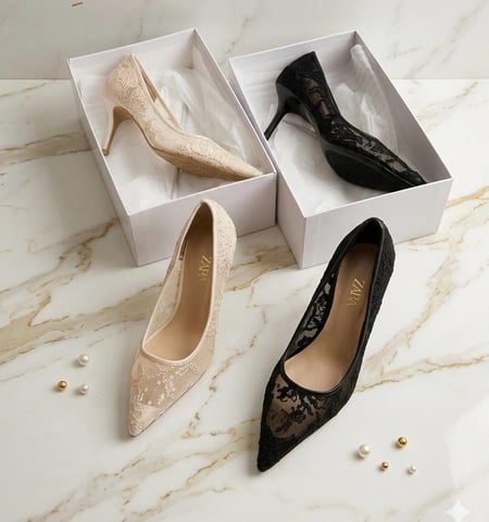 كعب زارا نسائي فاخر بتفاصيل الدانتيل  تصميم أنيق بمقدمة مدببة ماستر كوالتي