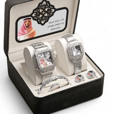 طقم ساعات له ولها فضي مع إكسسوارات