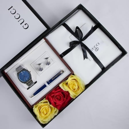 بوكس هدايا رجالي فاخر مع ساعة ستيل باللون الأزرق