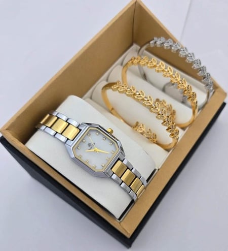 طقم ساعة نسائية مع اكسسوارات راقية من الزركون بتصميم انيق