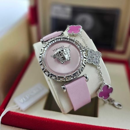 افضل ساعة نسائية لون زهري سير جلد واطار فضي