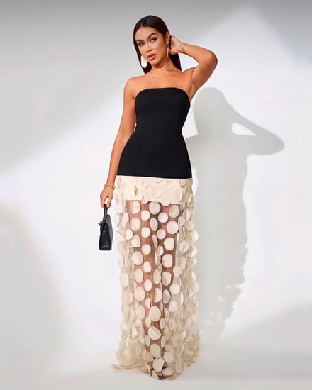 فستان ماكسي بتصميم شبكي طويل مكشوف الكتف