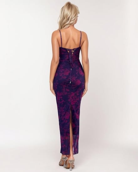 فستان بطبعة زهور شبكي مفتوح الظهر