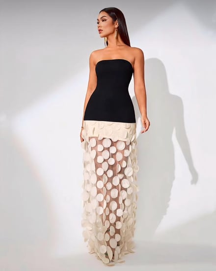 فستان ماكسي بتصميم شبكي طويل مكشوف الكتف