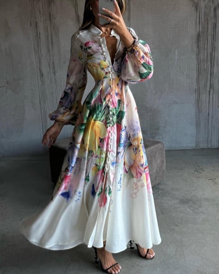 فستان ماكسي بطباعة زهور وأزرار أمامية