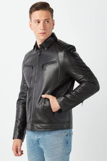 معطف كارلو جلد طبيعي للرجال باللون الأسود من DERIZA