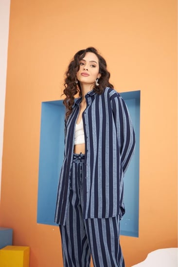 طقم قميص و بنطلون نسائي جينز مخطط من mia-noura - أصلي