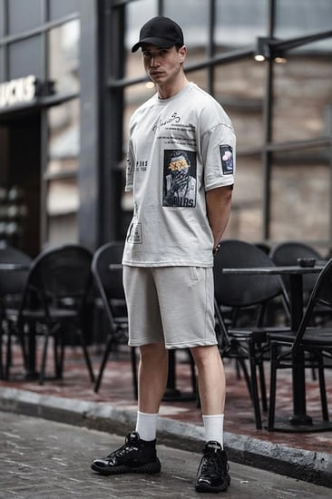 HYPERS طقم شورت أزرق مطبوع يدوي