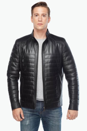 معطف أسود من الجلد الطبيعي قابل للنفخ للرجال من DERIZA