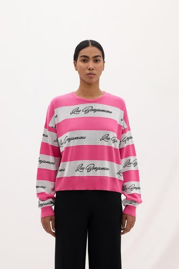 سترة محبوكة نسائية وردي خطوط موسمية وتفاصيل عصرية Les Benjamins تركي أ