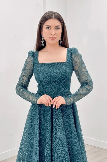 فستان متوسط ​​الطول قماش برقبة مربعة - أخضر زمردي للنساء من  giyimmasalı