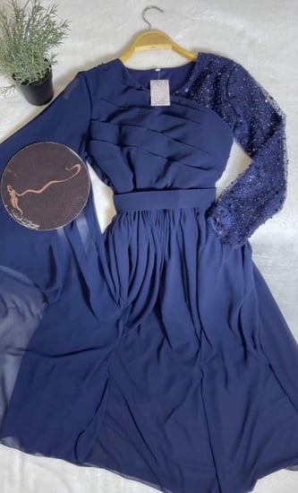 فستان الحوامل كحلي شيفون مع كم ترتر