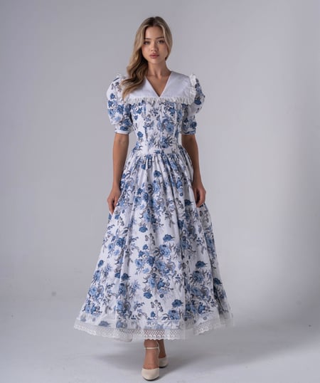 فستان طويل من خامة القطن التركي مع نقوش فكتورية