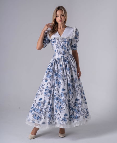 فستان طويل من خامة القطن التركي مع نقوش فكتورية