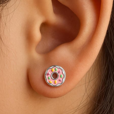 أقراط دونات مسمار فضية للبنات – بتزيين وردي حلو