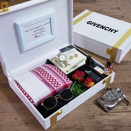 بوكس جيفنشي رجالي فاخر شماغ وساعة وعطور ونظارة بتغليف ملكي