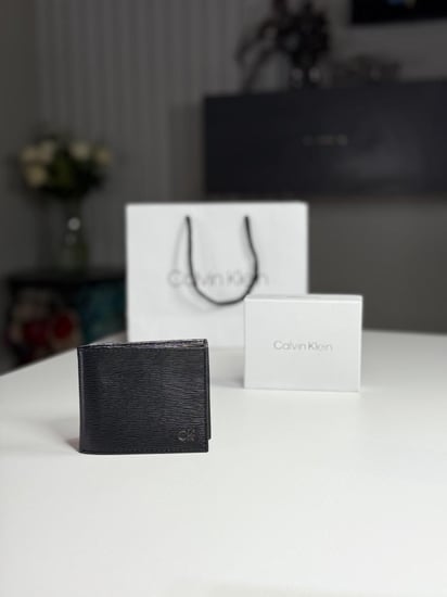 كالفن كلاين بلاك ريبل Calvin Klein black men wallet blach wuilted leather with metalic logo